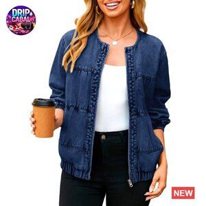Oversized Denim Bomber Jacket Casual Zip Up Loose Fit Jean Jacket Fall Outfits
